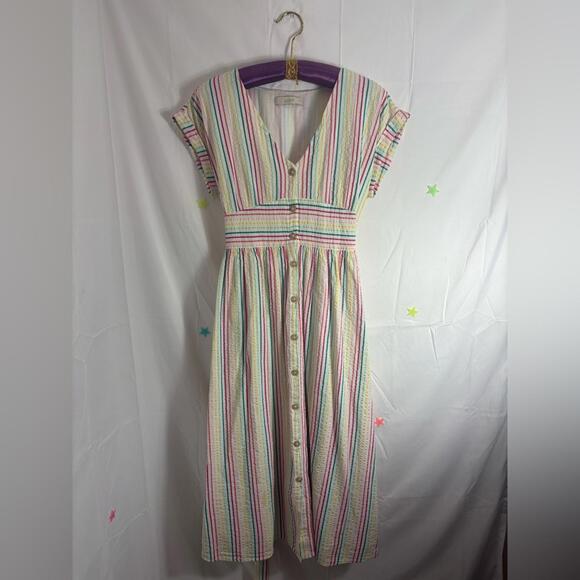 Pastel Striped Short Sleeve Textured Button Down+Tie Modest Femme Dress Size M - Picture 4 of 12